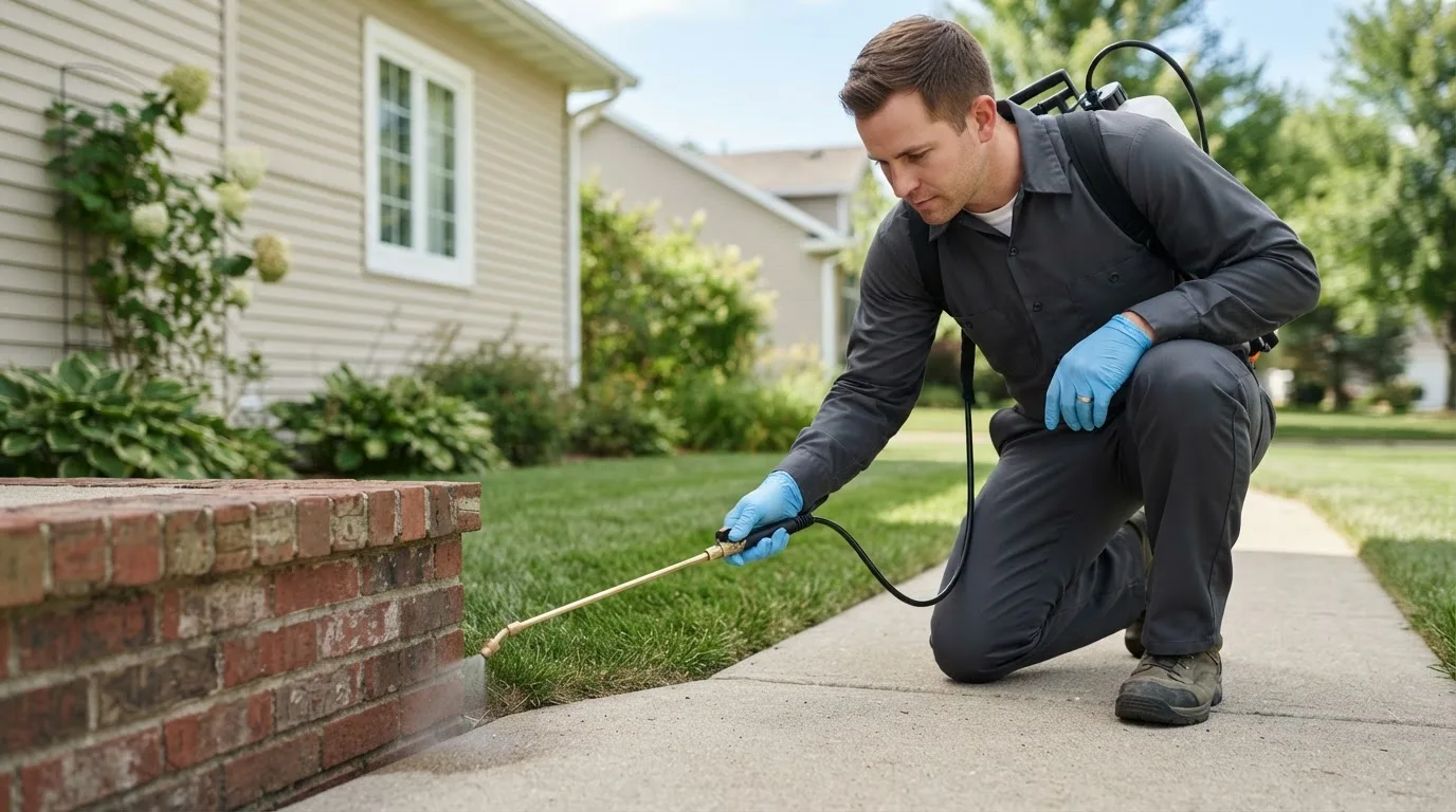 Pest control technician treating a home near Honey Grove, TX